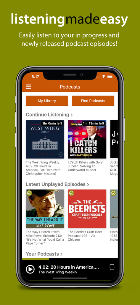 iPhone showing the podcast section of the Audiobooks from AudiobookSTORE app with categories for continued listening and latest episodes