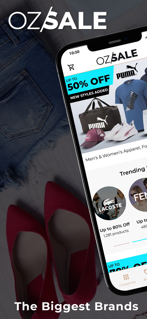 OZSALE - OZSALE app on a smartphone displaying discounts on designer brands like Puma and Lacoste
