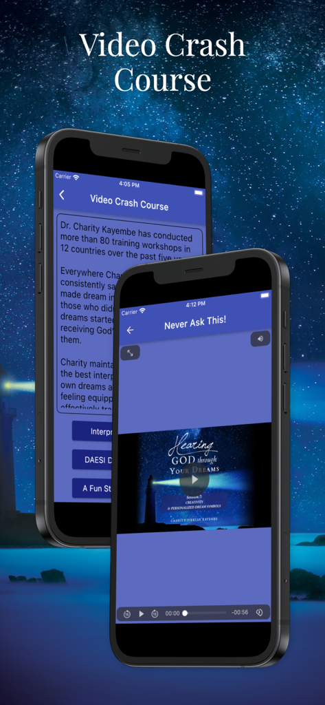 Dream Keys - Interfaz de la aplicación Dream Keys que muestra el curso intensivo en video y las lecciones de interpretación de sueños en dos teléfonos inteligentes.