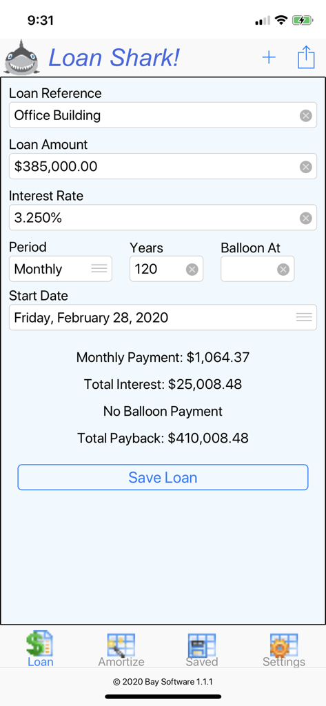 Loan Shark! - Loan Shark app mortgage calculator interface with loan details