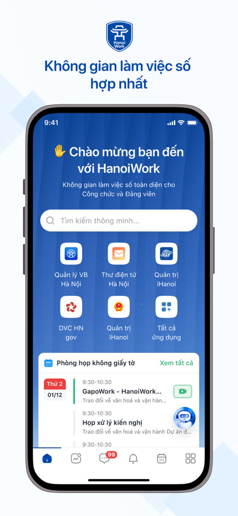 HanoiWork - L'écran d'accueil de l'application mobile HanoiWork montrant un espace de travail numérique unifié avec diverses icônes de services gouvernementaux et un calendrier de réunions.