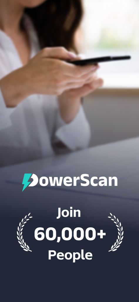 Power Scan-PDF Scanner - Pantalla promocional de la aplicación Power Scan PDF Scanner que muestra una comunidad de más de 60.000 usuarios