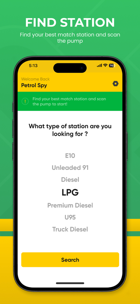 Interfaz de la aplicación Fuel Watch para seleccionar tipos de combustible, incluyendo GLP y Diésel, para la comparación de precios.