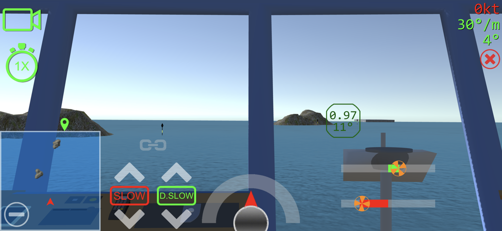 Bridge view of a ship simulator showing navigation controls and a radar map