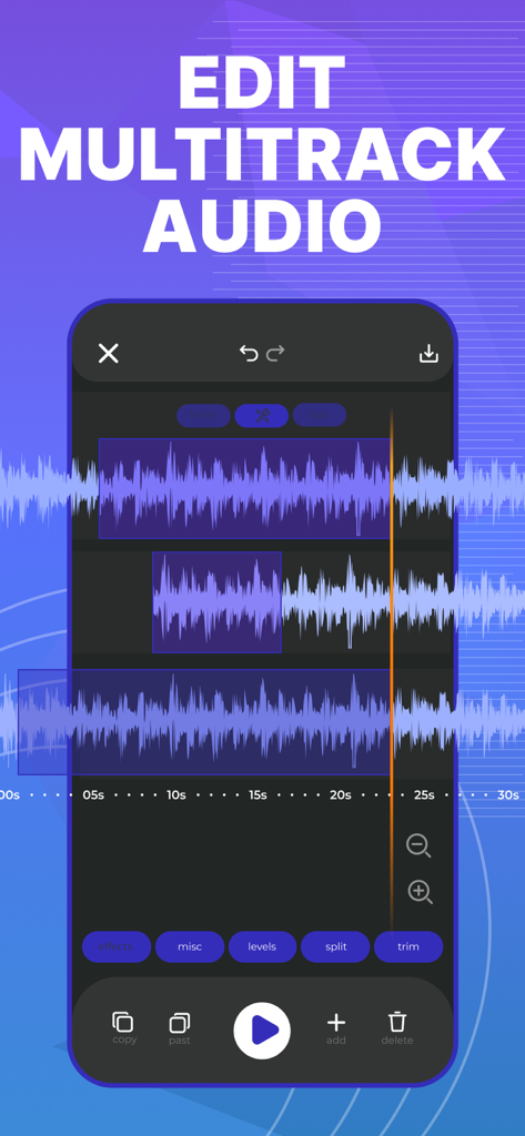 Audio Editor - AudioLab, Mixer - Smartphone screen showing multitrack audio editing with waveforms and mixing tools