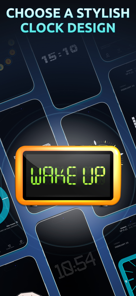 Una variedad de diseños y temas de relojes digitales y analógicos elegantes para la aplicación myAlarm Clock.