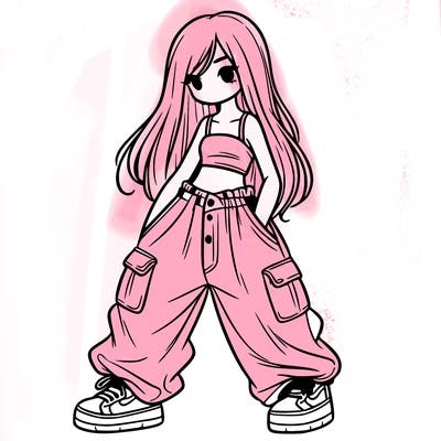 girl in baggy pants, crop top, and long hair