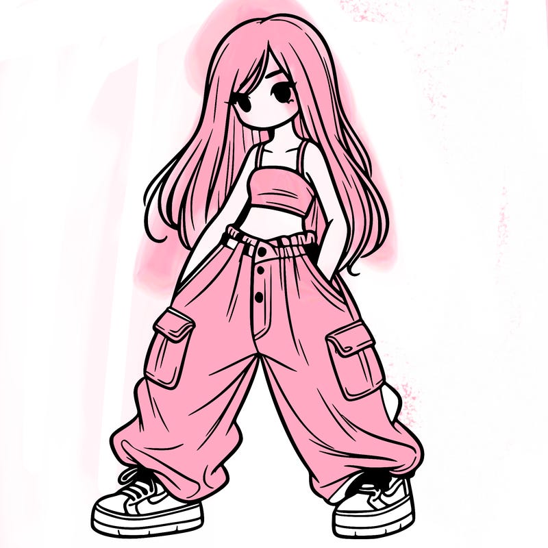 girl in baggy pants, crop top, and long hair