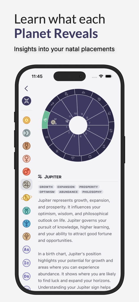 Horos - Birth Chart - Screenshot of the Horos app showing a natal birth chart and an analysis of the planet Jupiter.