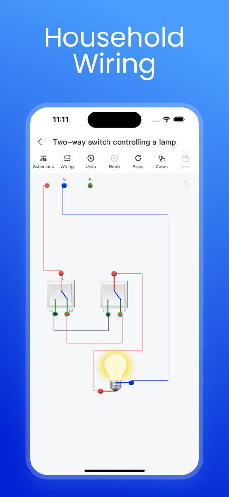WireGo - Electrical circuit simulation of a two-way switch controlling a lamp in the WireGo app