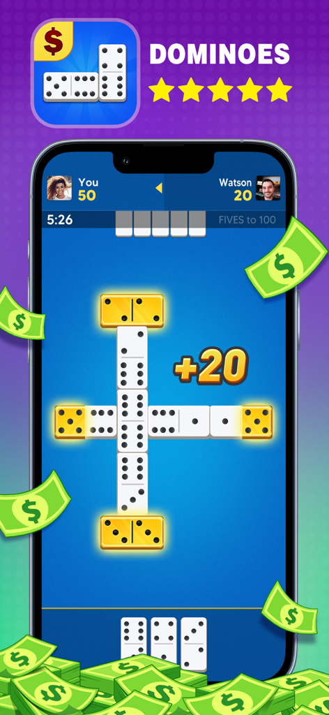 Arena for Cash mobile app showing a competitive dominoes match with falling money graphics.