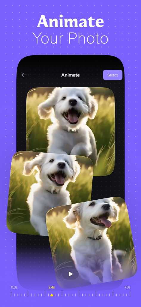 Haiper AI・Video, Photo Creator - Mobile app screen showing the Haiper AI feature to animate photos using an example of a running white puppy