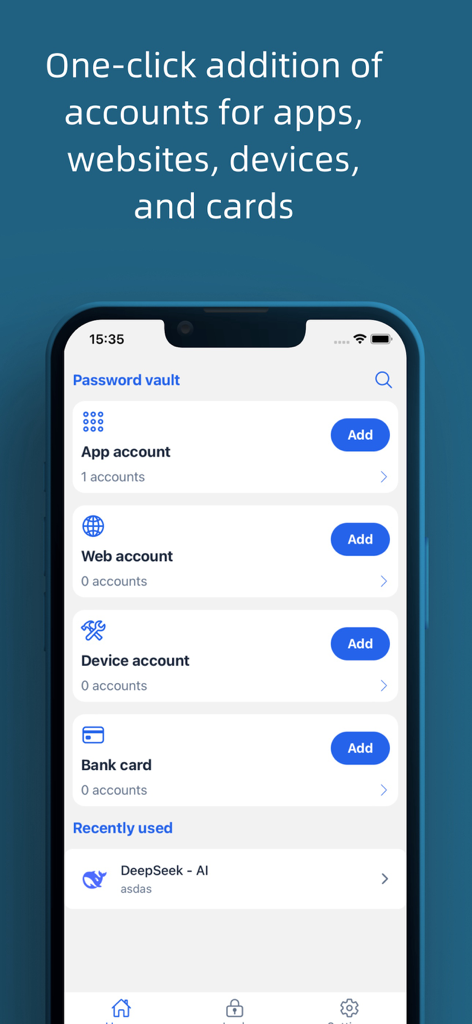 PasswordSafe -Password Manager - Screenshot of the PasswordSafe app interface showing the password vault with options to add app web device and bank card accounts
