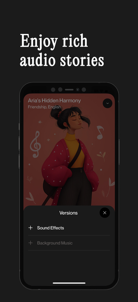 Uma interface móvel para Sleepytale mostrando uma história de dormir personalizada em áudio com opções de efeitos sonoros.