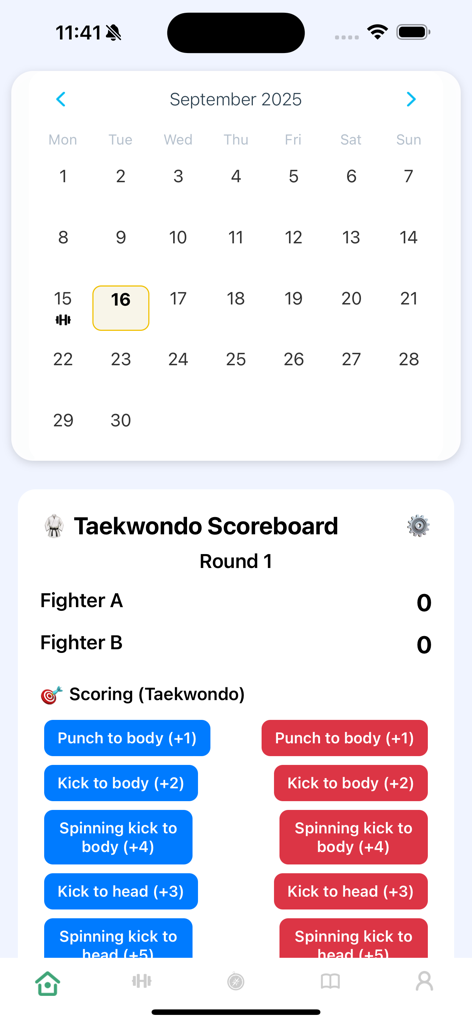 Learn Taekwondo & Workout Pro - Uma tela de aplicativo móvel mostrando um calendário de treinamento para setembro de 2025 e um placar de Taekwondo com botões de pontuação para socos e chutes.