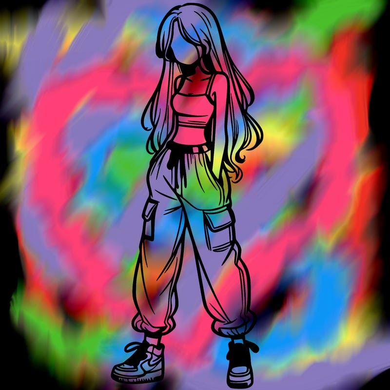 girl in baggy pants crop top and long hair