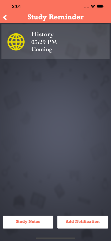 4000+ World General Knowledge - Pantalla de la aplicación que muestra un recordatorio de estudio para Historia con un botón "Añadir notificación"