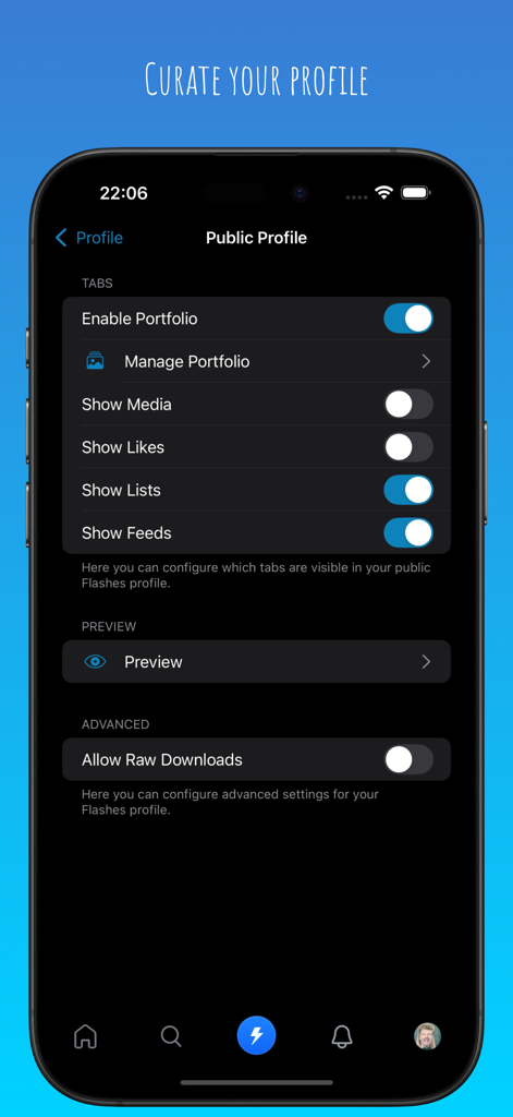 Flashes for Bluesky - iPhone screen showing public profile settings and portfolio curation options in the Flashes for Bluesky app.