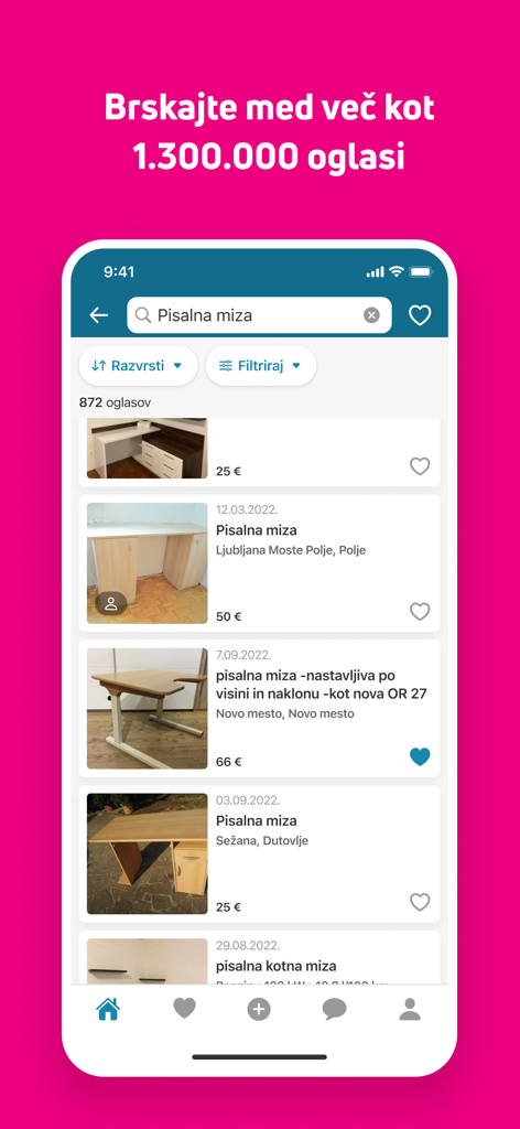 bolha.com - Search results for desks on the bolha.com marketplace mobile app showing multiple listings with prices.