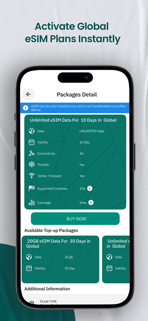 eSIM Card: Virtual SIM & VoIP - Smartphone screen showing unlimited global eSIM data plan details and top-up options