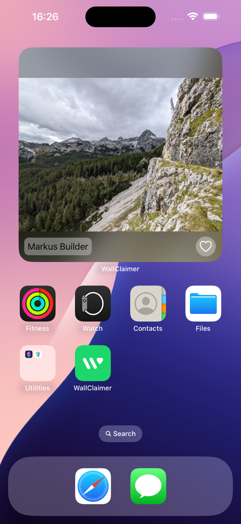 iPhone home screen featuring a WallClaimer photo widget showing a mountain landscape shared by a friend