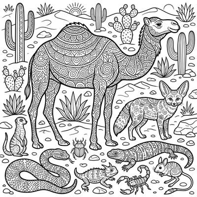 Discover the fascinating world of desert animals brought to life with intricate Zentangle patterns. This unique coloring page offers a relaxing artistic challenge for all ages.