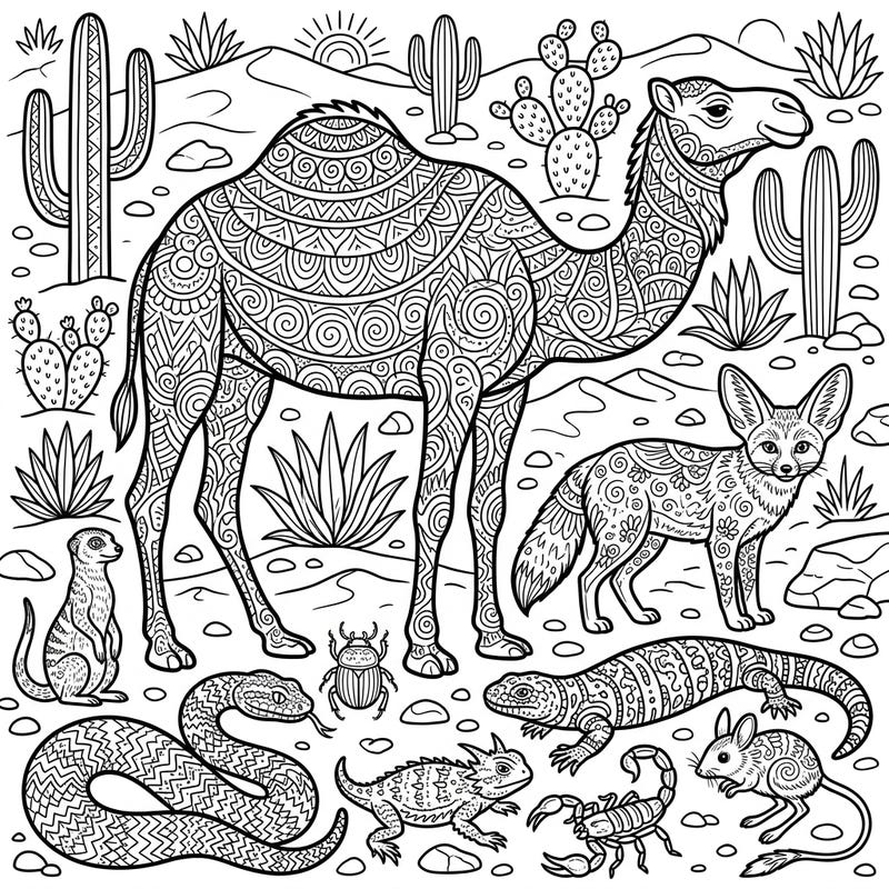 Discover the fascinating world of desert animals brought to life with intricate Zentangle patterns. This unique coloring page offers a relaxing artistic challenge for all ages.