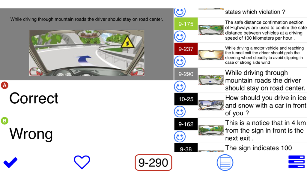 Driving in China - theory test - Practice question interface from the Driving in China theory test app showing a mountain road scenario