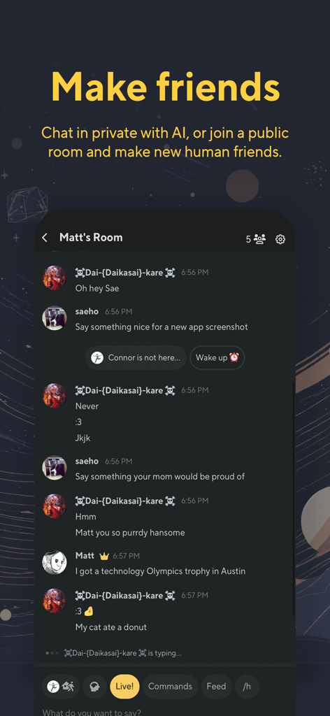 Interface de l'application Kajiwoto affichant une salle de chat de groupe où humains et personnages IA interagissent.