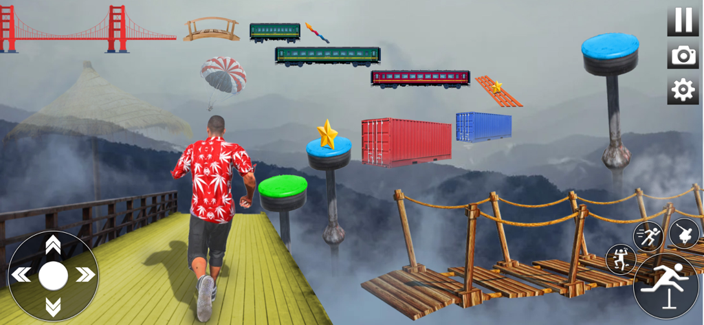 Jumping Up Parkour Sim 3D Game - Character in a 3D parkour game running on a high platform towards floating obstacles