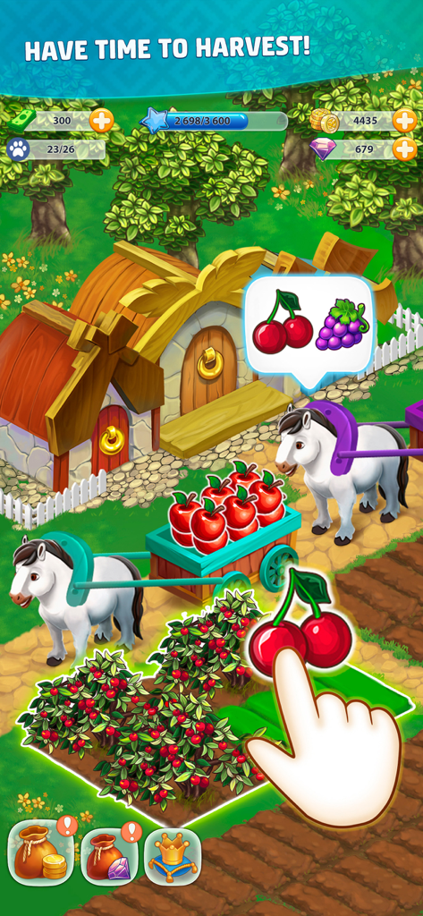 Harvest Land - Screenshot di gioco di Harvest Land che mostra un giocatore che raccoglie ciliegie dagli alberi accanto a un carretto trainato da cavalli e case del villaggio