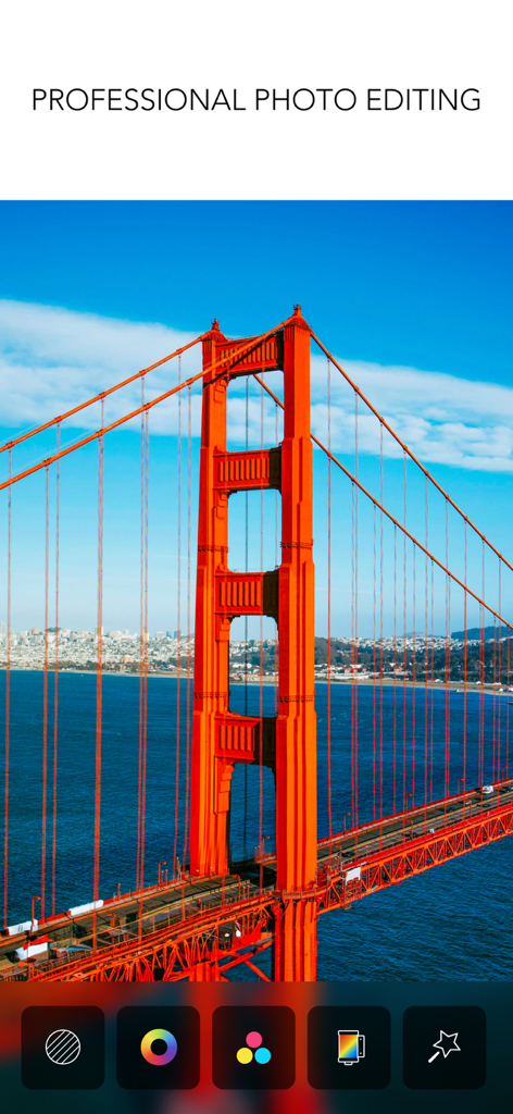MOLDIV Photo Editor, Collage - MOLDIV app interface for professional photo editing featuring a vibrant image of the Golden Gate Bridge