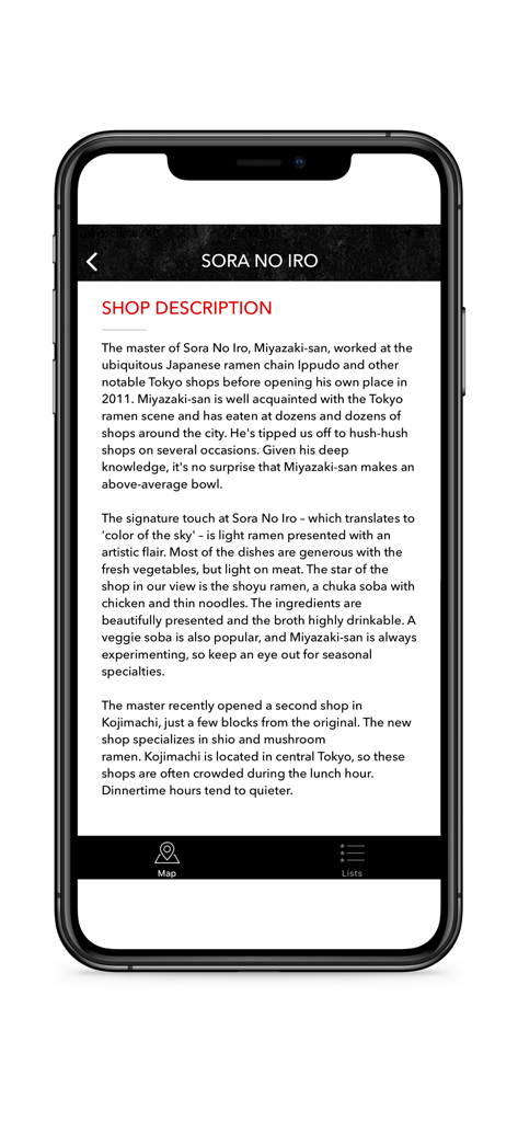 Detailed shop description for Sora No Iro ramen shop within the Ramen Beast mobile application.