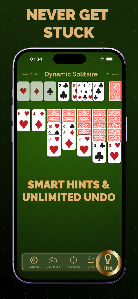 Solitaire Klondike: Card Games - Captura de pantalla del juego Solitario Klondike que muestra sugerencias inteligentes y funciones de deshacer ilimitadas en un iPhone.
