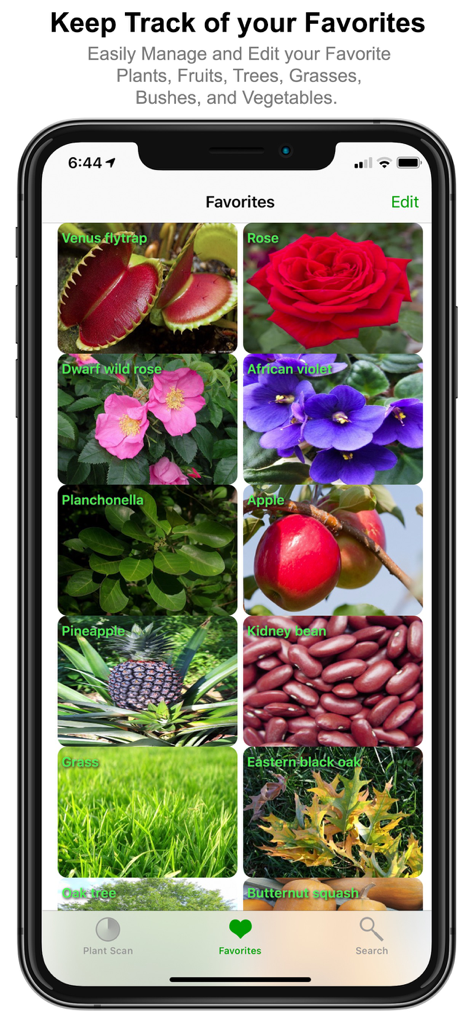 Plant Scan Pro- Identification - Pantalla de favoritos de la aplicación Plant Scan Pro mostrando una cuadrícula de especies de plantas guardadas, incluidas rosas y moscas atrapamoscas.