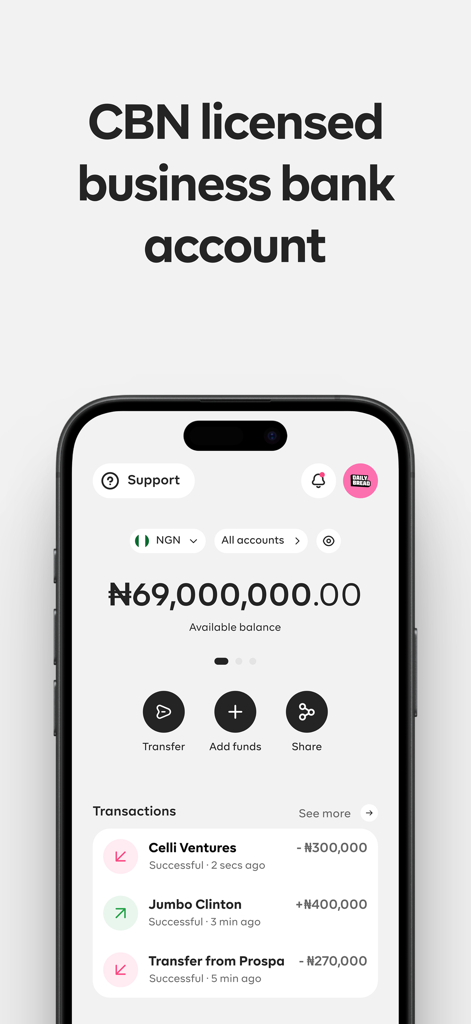 Prospaビジネスバンキングアプリのダッシュボード画面、ナイラ口座残高と最近の取引が表示されています