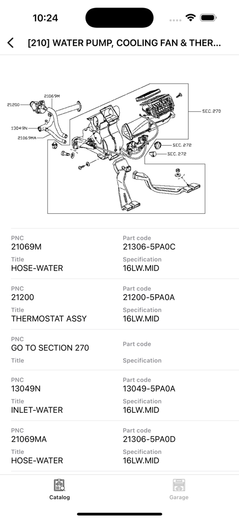 Car parts for Nissan (EPC) - Exploded technical diagram and part numbers for a Nissan car cooling system