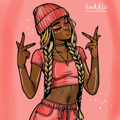 realistic teenage girl with braids and a beanie and crop top doing 🫶🏼