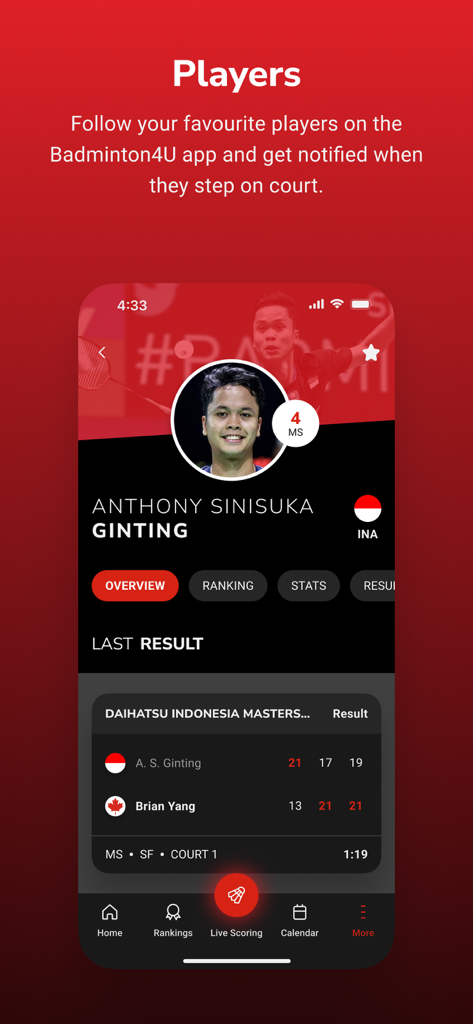 Badminton4U - Mobile app screen showing a professional badminton player profile with stats and recent match results