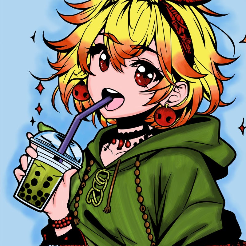 hot baddie anime girl drinking boba and biting the straw