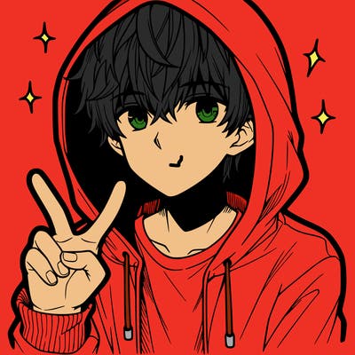 teenage manga boy in a hoodie, doing ✌