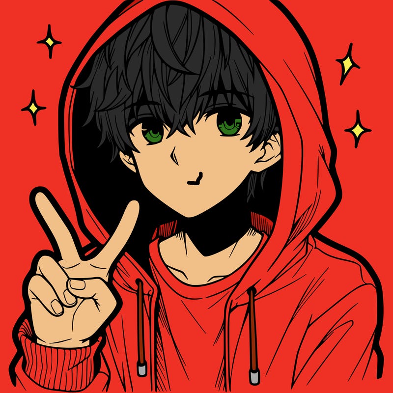 teenage manga boy in a hoodie, doing ✌