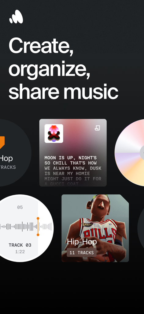 Interfaz de la aplicación Offtop Music Studio mostrando opciones para crear, organizar y compartir pistas musicales