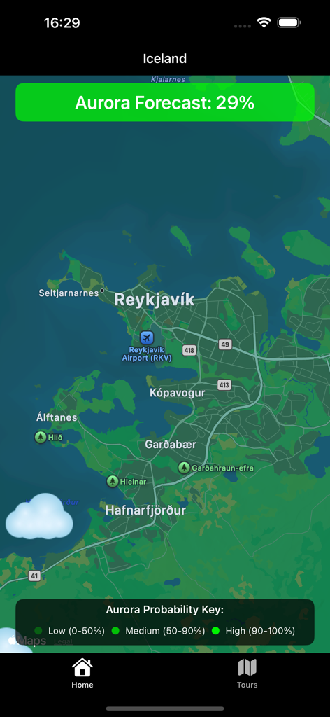 Mapa de previsão de aurora da Islândia, Reykjavik, mostrando uma previsão de probabilidade de 29 por cento