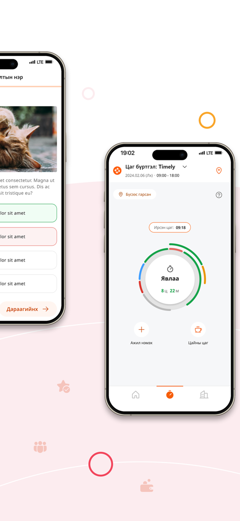 Timely.mn - Two iPhones displaying the Timely.mn app interface for employee time tracking and internal company news.