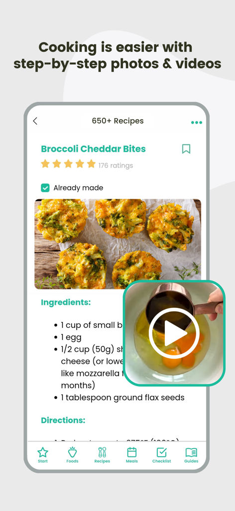 BLW Meals: Starting Solids - BLW Meals app screenshot showing a Broccoli Cheddar Bites recipe with a step-by-step video cooking tutorial.