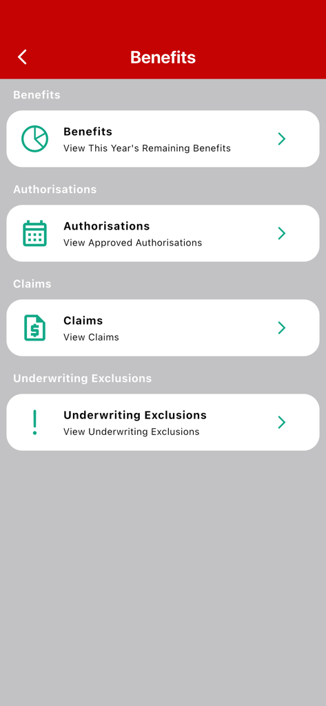 Generation Health - Generation Health mobile app interface displaying medical aid benefits authorisations and claims