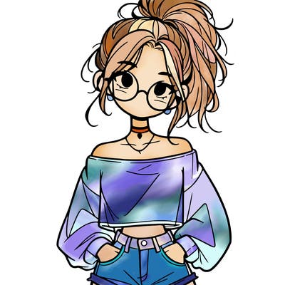 girl with a messy ponytail glasses a baggy crop top and jean shorts