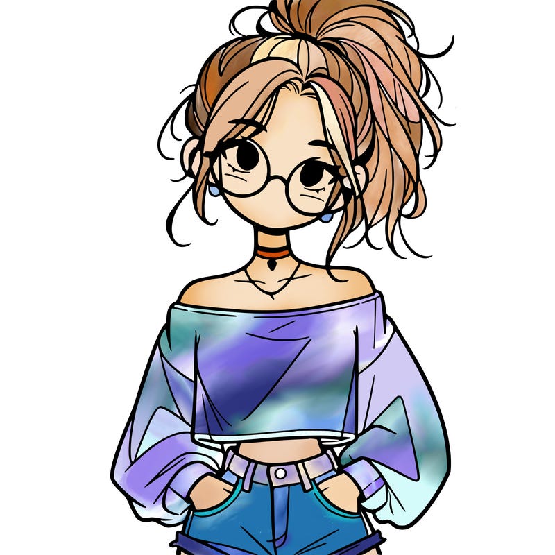 girl with a messy ponytail glasses a baggy crop top and jean shorts