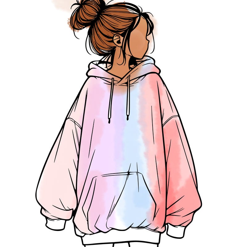 realistic girl with a oversized sweatshirt on and a bun